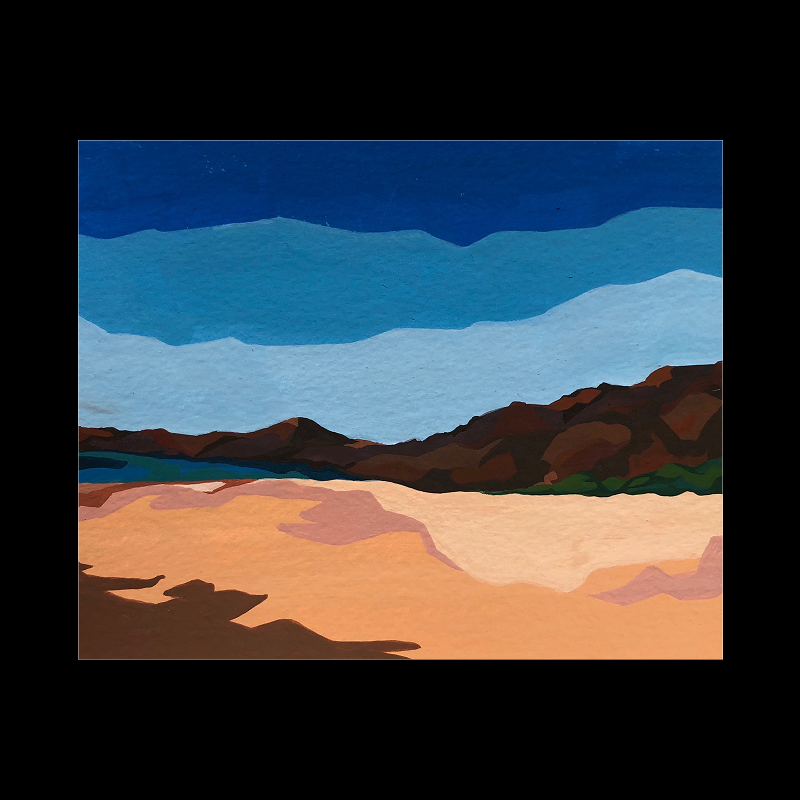 Gouache desert landscape with layered blue sky, dark mountains, and shadowed sand dunes.