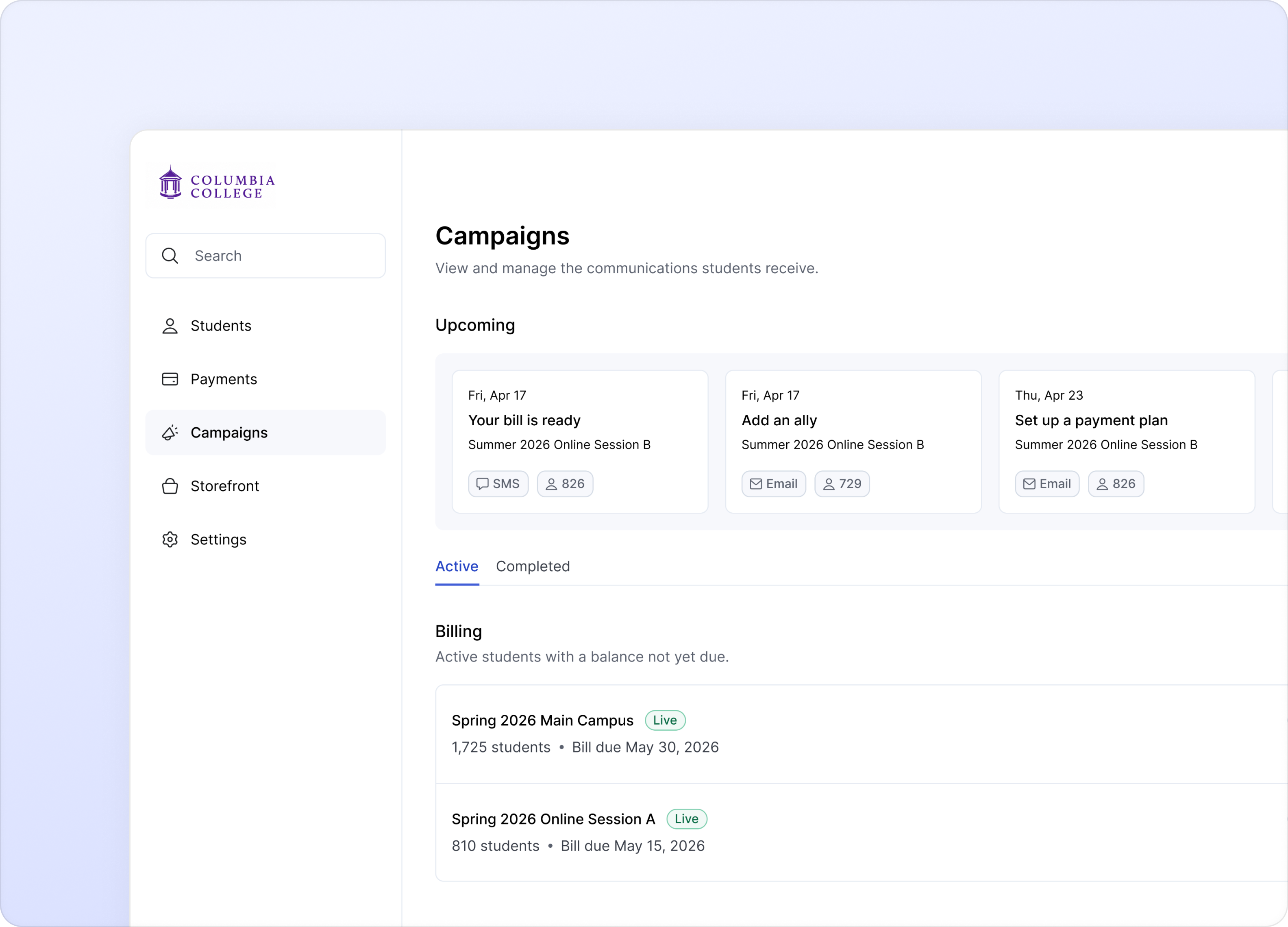 Meadow Campaigns admin dashboard — upcoming SMS and email communications scheduled for student billing sessions.