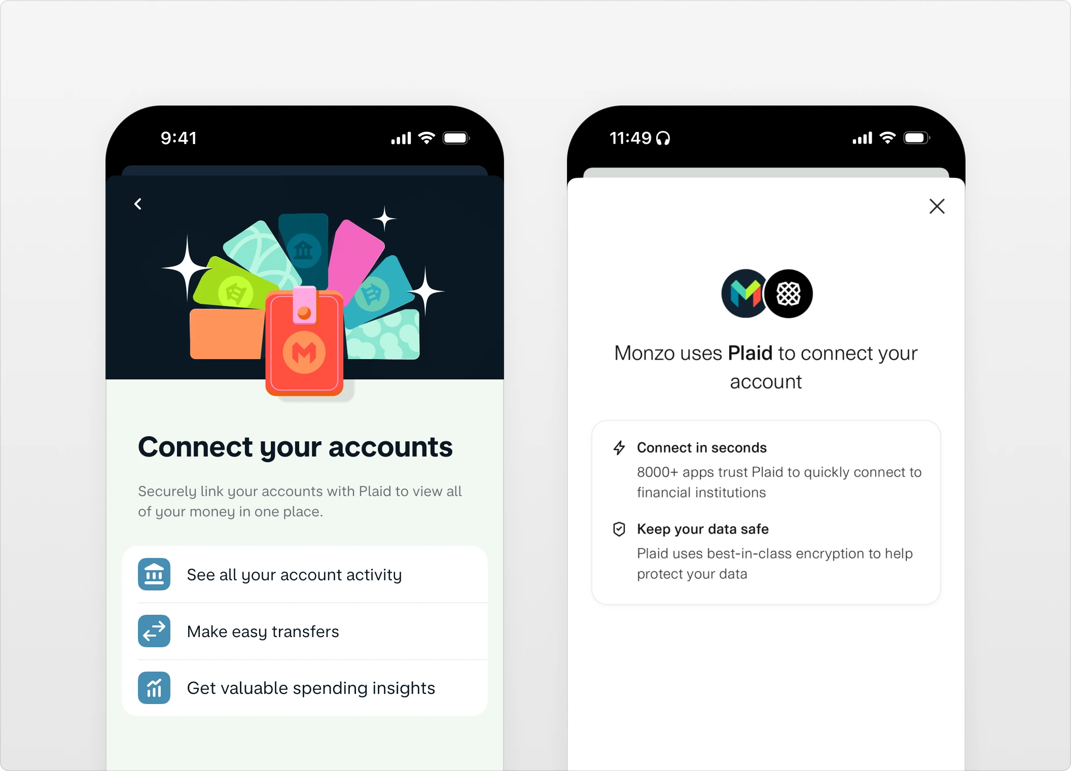 Monzo connected accounts — two phones showing the “Connect your accounts” screen with a fan of colorful bank cards, and a Plaid consent sheet reading “Monzo uses Plaid to connect your account.”