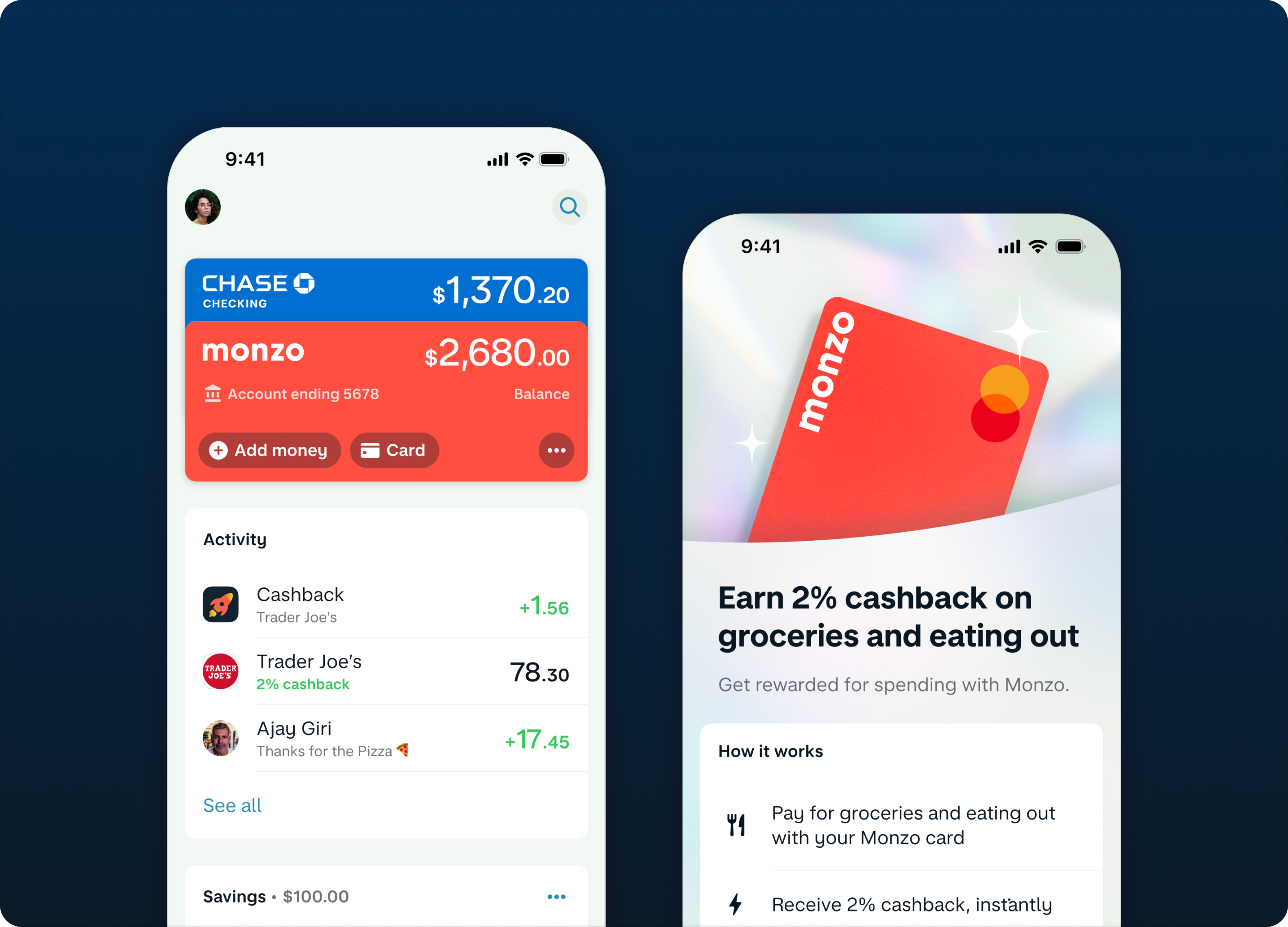 Monzo Pro — two phone mockups showing a Chase Checking + Monzo balance card on the home screen with cashback activity, and a Monzo card on a holographic background with 2% cashback messaging.