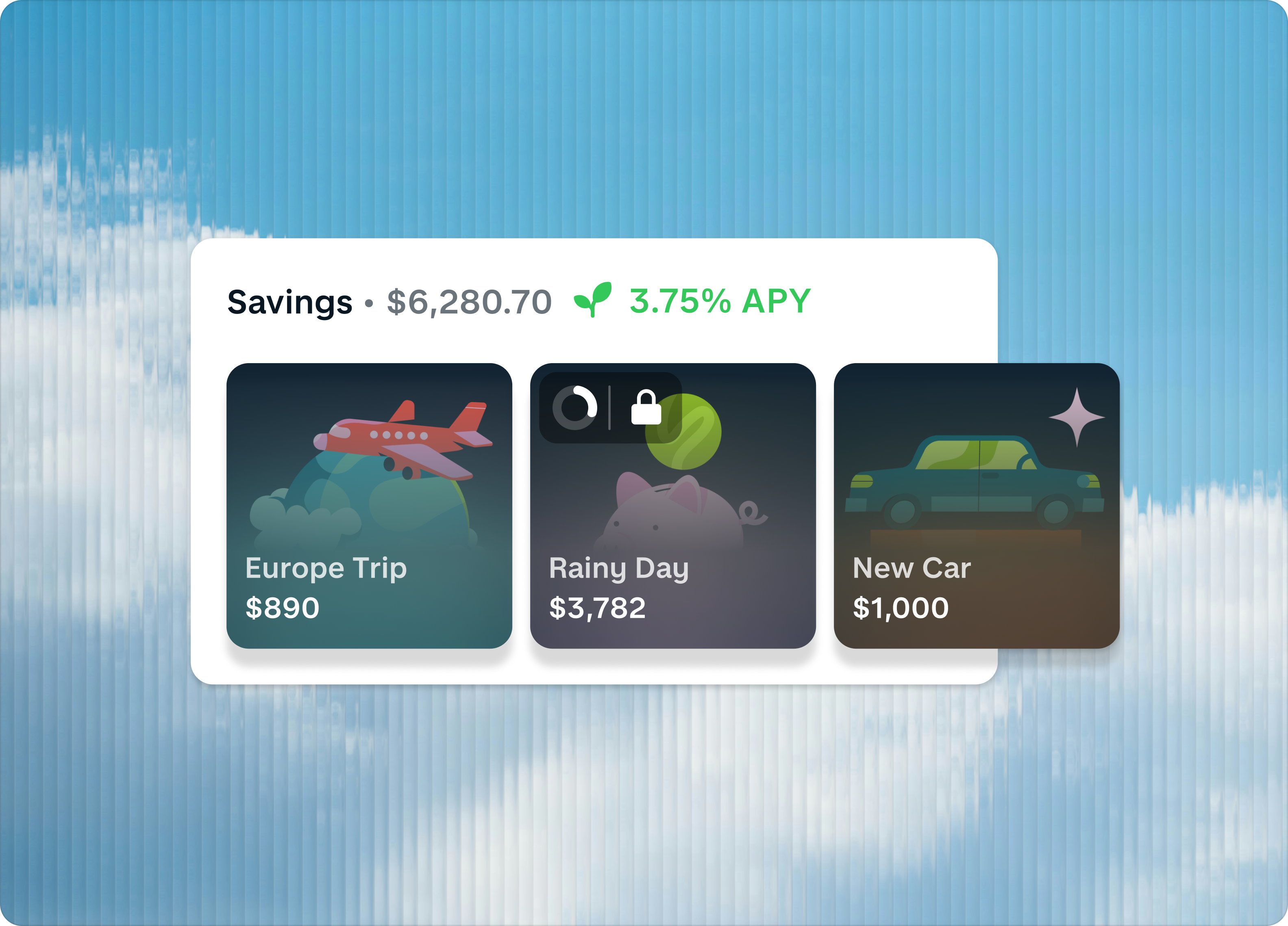 Monzo Starter Jars — a Savings card showing a $6,280.70 balance at 3.75% APY, with three goal jars below (Europe Trip $890, Rainy Day $3,782, New Car $1,000) over a sky-blue fluted-glass background.